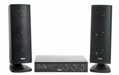 Teufel Concept B 200 USB speakers and amplifier on white background.