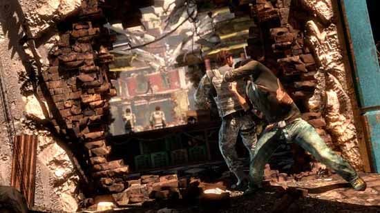 Screenshot from Uncharted 2 featuring character in combat.