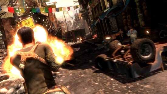 Uncharted 2 gameplay showing character and explosion.