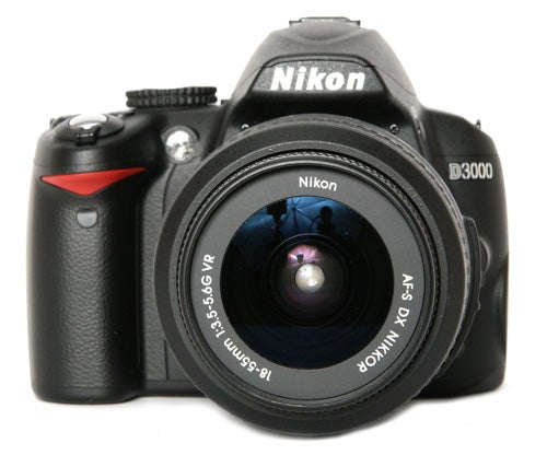 Nikon D3000 DSLR camera with lens front view.