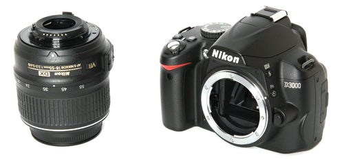 Nikon D3000 DSLR camera with detached lens.