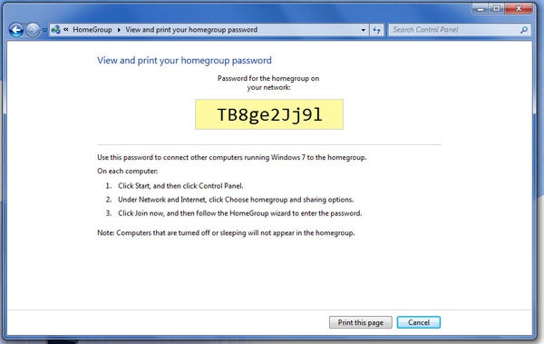 Screenshot of Windows 7 HomeGroup password setup screen