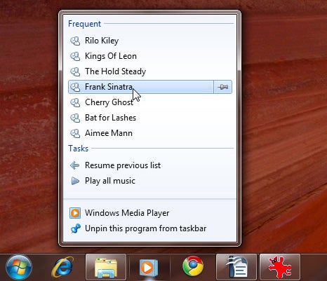 Windows 7 taskbar showing media player jump list.
