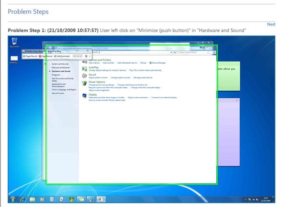 Screenshot of Windows 7 interface showing problem steps recorder.
