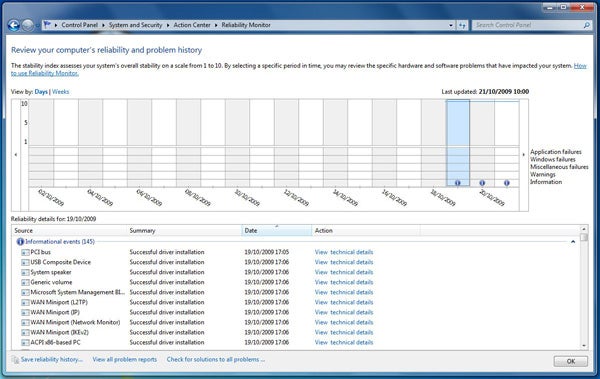 Windows 7 Reliability Monitor with stability index graph and updates.