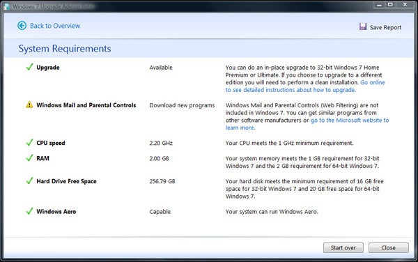 Screenshot of Windows 7 upgrade advisor system requirements results.