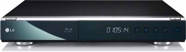 LG BD390 Blu-ray player front view displaying time.