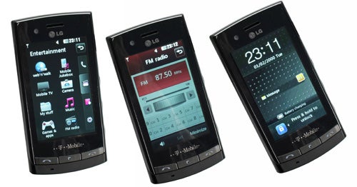 Three LG GT500 phones displaying different functions.