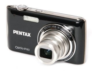 Black Pentax Optio P80 digital camera on white background.