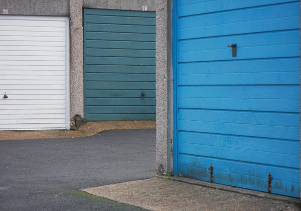 Blue and green garage doors, possible test photo.