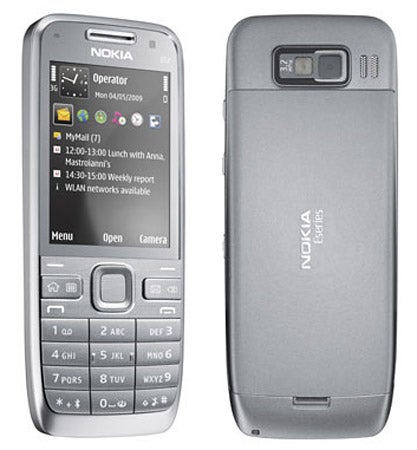 Front and back view of Nokia E52 mobile phone.