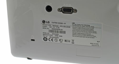 Back panel of LG Flatron W2230S monitor showing ports and label.