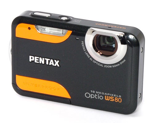 Pentax Optio WS80 waterproof camera on white background.