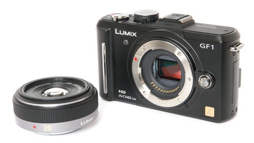 Panasonic Lumix DMC-GF1 camera with detached 20mm lens.