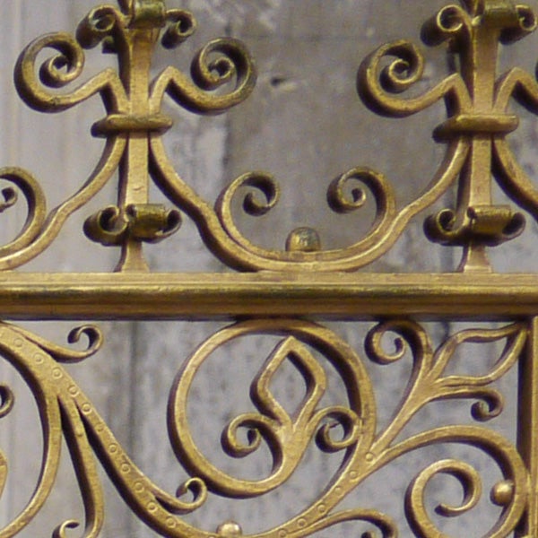 Gold ornate metal railing detail shot.