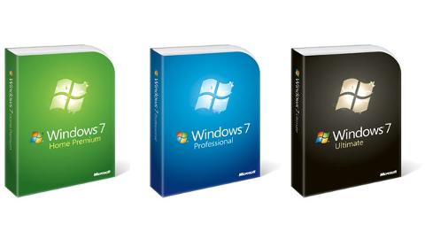 Three Microsoft Windows 7 edition boxes side by side.