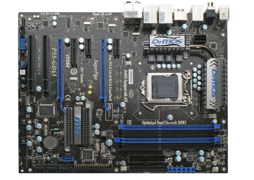 MSI P55-GD65 motherboard with DrMOS and blue RAM slots.