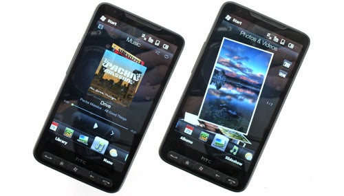 HTC HD2 smartphones displaying multimedia content.