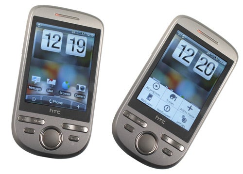 Two HTC Tattoo smartphones displaying time on screens.