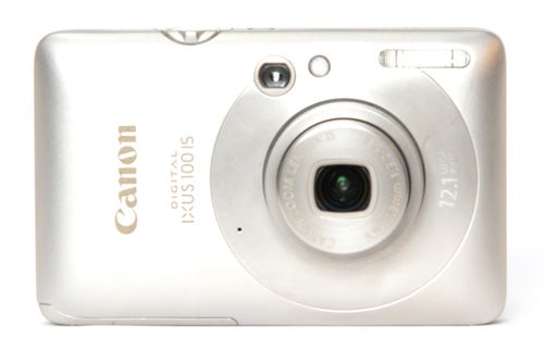 Canon Digital IXUS 100 IS camera on white background.