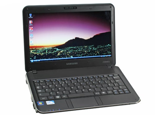 Samsung X120 11.6-inch laptop with open screen displaying desktop.