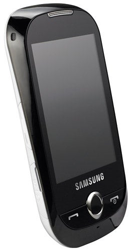 Samsung Genio Touch smartphone angled view on white background.