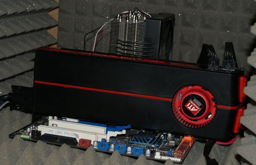 AMD ATI Radeon HD 5970 graphics card on foam background.