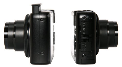 Canon PowerShot S90 camera side view showing ports and controls