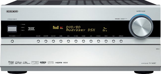 Onkyo TX-NR807 AV receiver front view with display and knobs.
