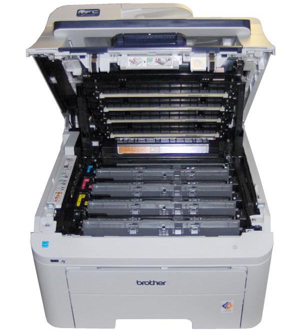 Brother MFC-9320CW LED printer open showing toner cartridges.