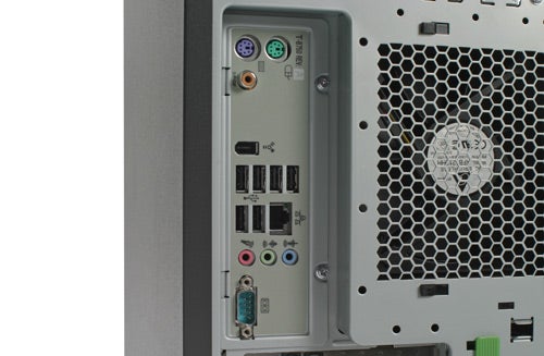Close-up of Fujitsu Celsius rear I/O ports and power supply.