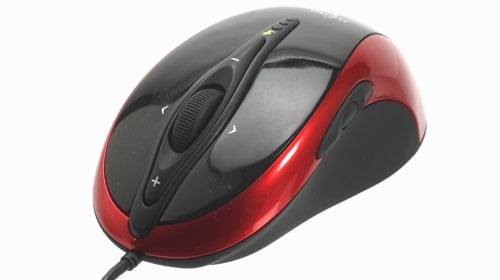 Black and red gaming mouse with USB cable