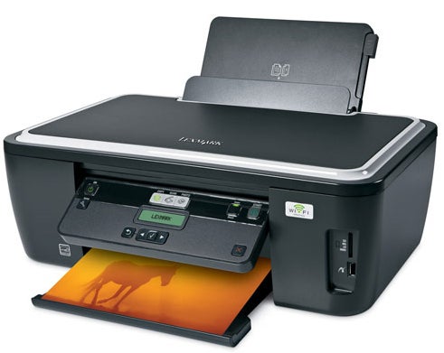 Lexmark Impact S305 printer with Wi-Fi logo printing a photo