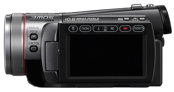 Side view of Panasonic HDC-TM350 camcorder showing LCD screen.