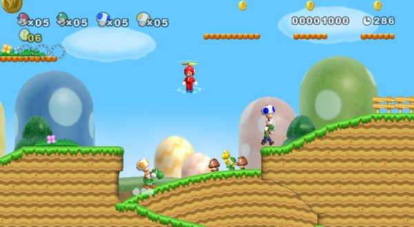 Screenshot of New Super Mario Bros Wii gameplay with multiple characters.