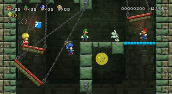 Screenshot of New Super Mario Bros Wii gameplay with four characters.