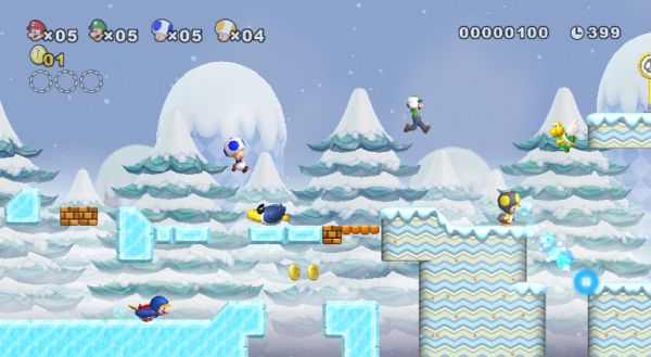 Screenshot of New Super Mario Bros Wii game level with icy landscape.
