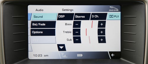 Jaguar XKR Coupe touchscreen audio settings display.