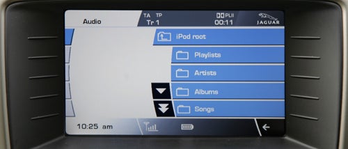 Jaguar XKR Coupe infotainment screen displaying iPod menu.