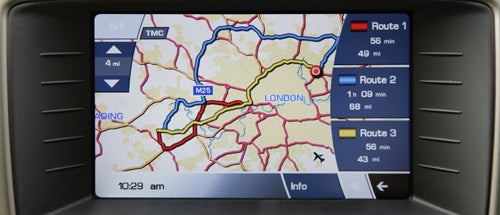 Jaguar XKR Coupe navigation system displaying a map with routes.