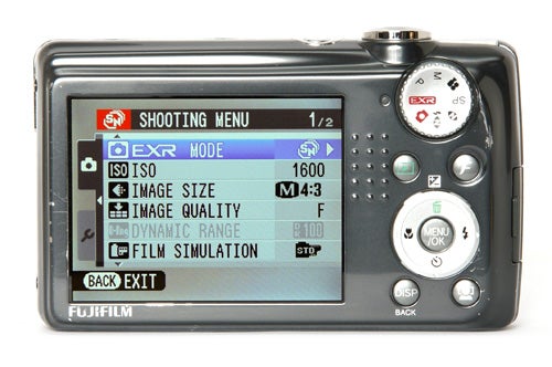 Fujifilm FinePix F70EXR camera displaying shooting menu on screen.