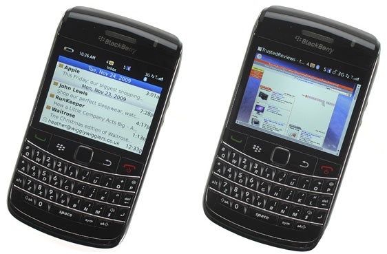 BlackBerry Bold 9700 smartphones showing screen display and keyboard.