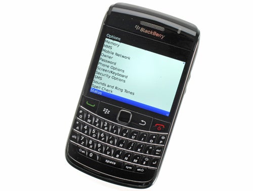 BlackBerry Bold 9700 smartphone with options menu displayed.