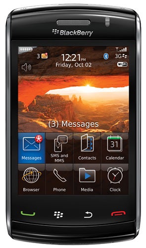 BlackBerry Storm2 9520 smartphone displaying screen icons and wallpaper