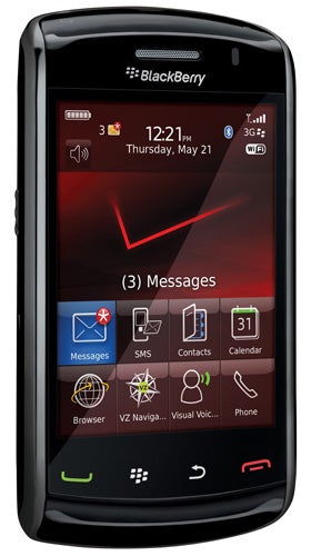 BlackBerry Storm2 9520 smartphone displaying home screen icons.