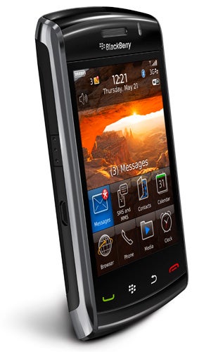 BlackBerry Storm2 9520 smartphone angled view with screen on