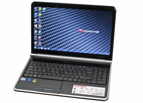Packard Bell EasyNote TJ65 laptop with open screen showing desktop.