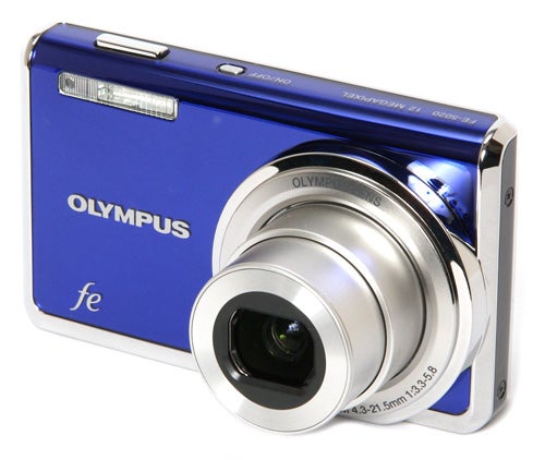 Olympus FE-5020 compact camera with blue casing and lens extended.