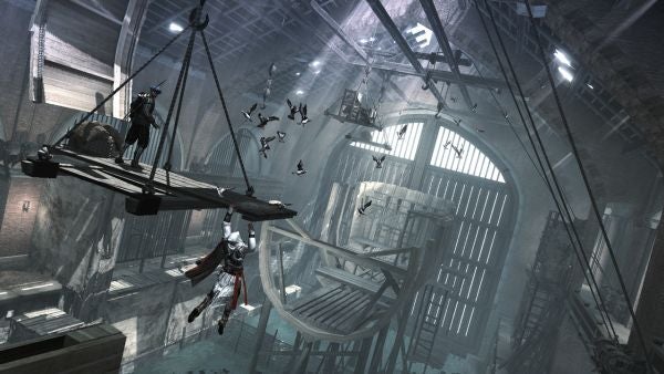 Assassin's Creed II character performing a leap inside a cathedral.