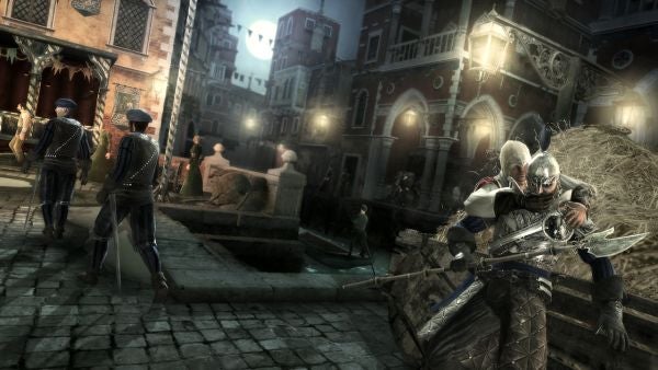 Assassin's Creed II character with hidden blade in Venice at night.